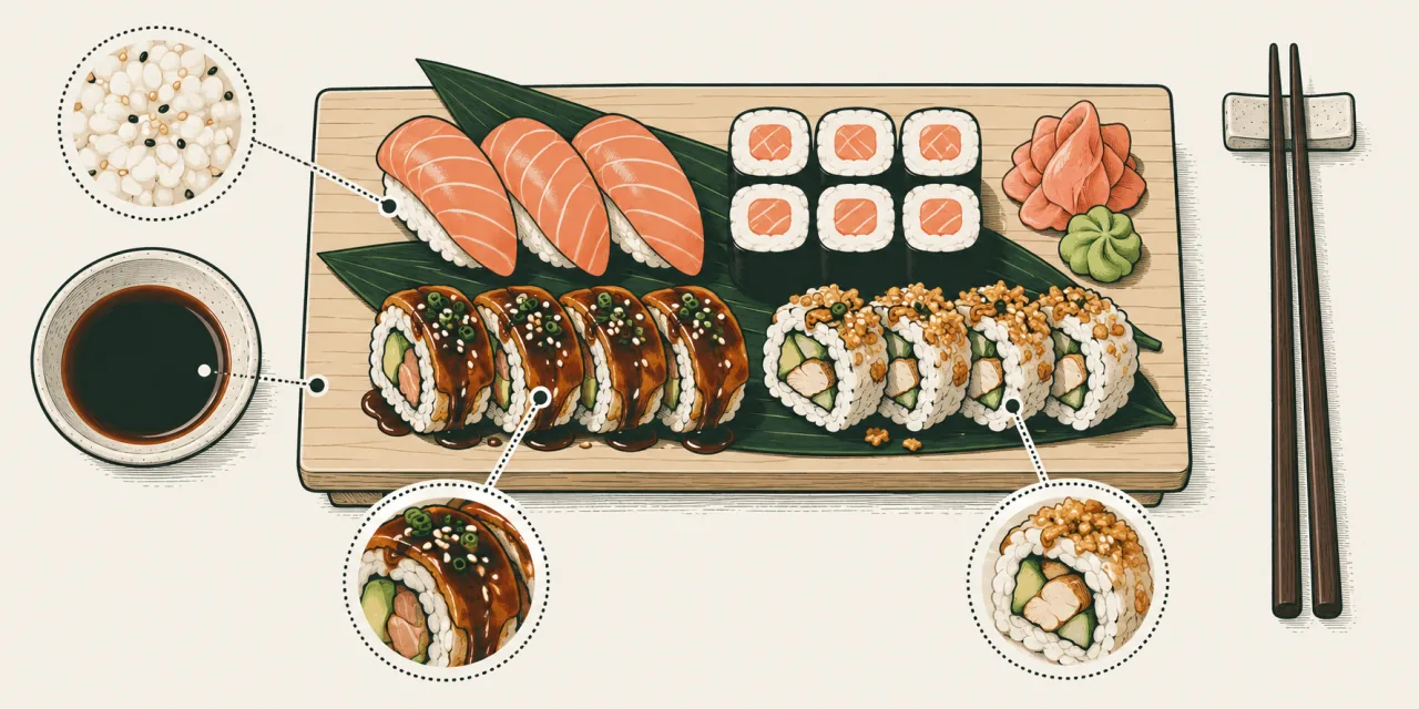 Illustration d’un plateau de nigiris, makis et rolls, avec des médaillons qui détaillent le riz, la sauce et la garniture des rolls